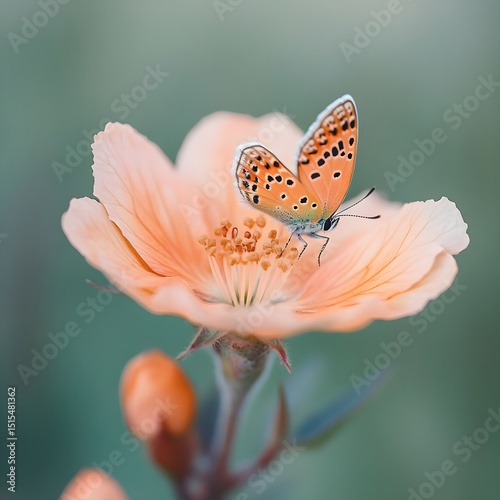 A Copper Butterfly rests atop an peach bloom capturing a serene moment of natures delicate beauty