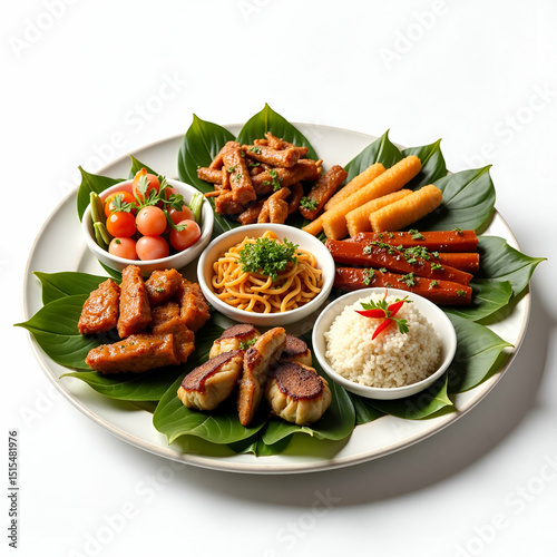 High definition image of Chinese cuisine isolate on white background under soft natural light showcasing diverse dishes arranged methodically with garnish detail for multi dish menus and culinary pres photo