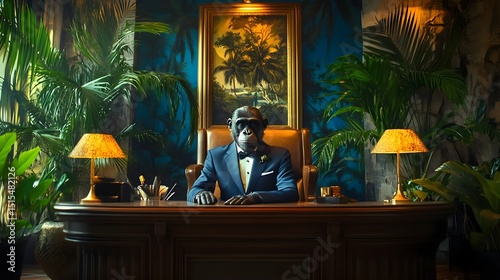 Ape in a suit at a desk surrounded by jungle decor and a framed landscape painting