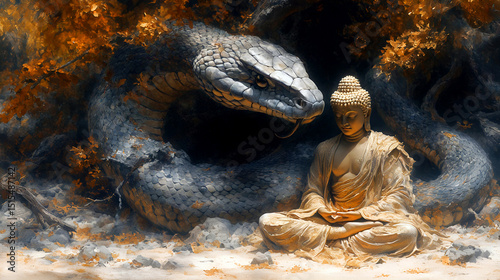 Serene buddha meditating next to large serpent in mystical forest setting
