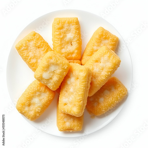 Savory Korean Snack Platter: Crispy Twigim Rice Crackers & Chewy Fish Cake on Clean White Background with Empty Space for Food Stock Imagery
