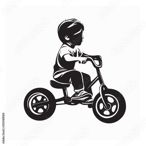 Little Boy riding tricycle side view silhouette Vector Isolated on white background.