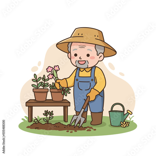 Elderly man gardening happily while planting flowers in the backyard  