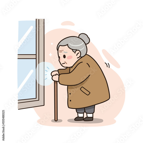 Elderly woman standing by cold window looking sad  