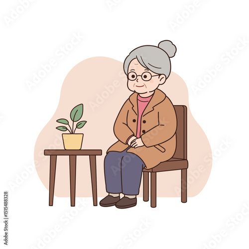 Elderly woman sitting in coat indoors beside a plant in a pot  