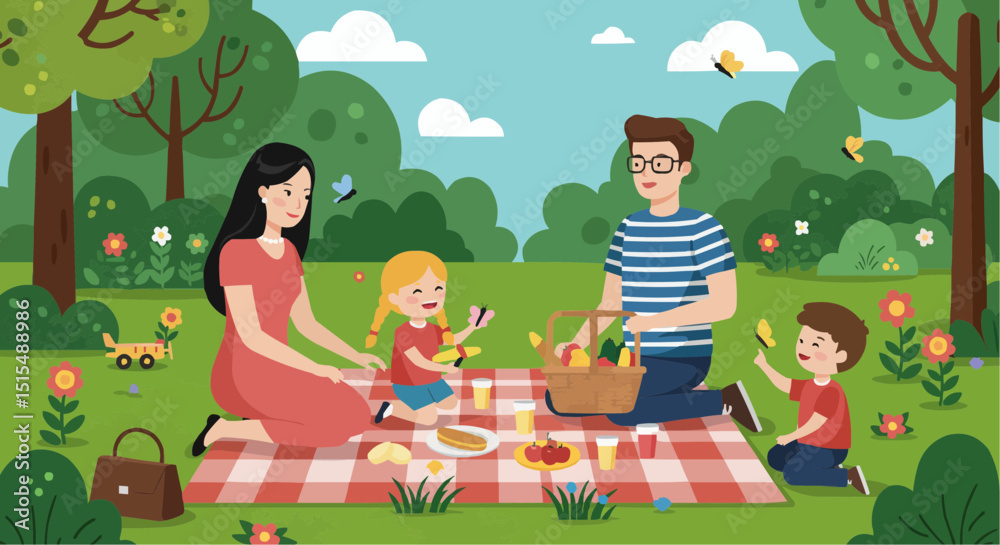 Naklejka premium Family enjoying picnic on blanket in green park during summer 
