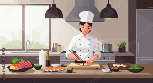 Chef preparing sushi in modern kitchen with fresh ingredients