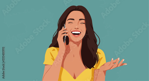 Young woman smiling while talking on the phone in flat vector art  