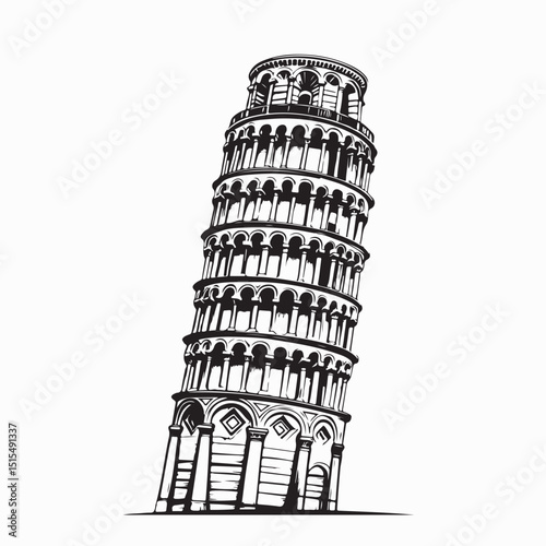 Tower Of Pisa Tower Detailed Silhouette Vector Isolated on white background.