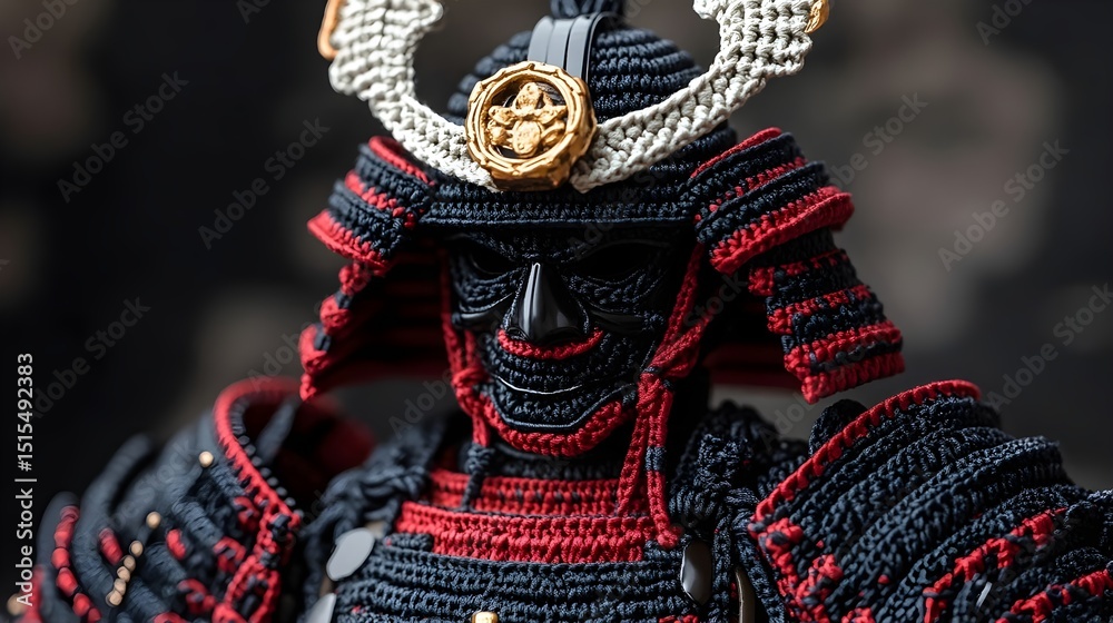 Fototapeta premium Samurai Armor Woven in black and red the ancient warrior stands with gold accent a symbol of strength and history