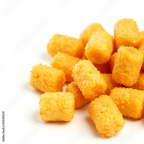 Crispy golden tater tots arranged on a pristine white background under soft lighting highlighting their textured breading and inviting appearance for fast food menus and snack promotions. in  Photo St