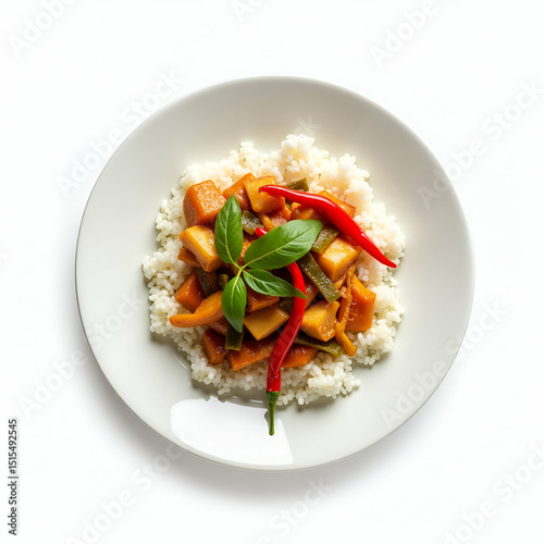 Overhead flat lay of pad kra pao isolate on seamless white background under bright studio lighting highlighting stir fry texture chili basil pepper detail rice accompaniment and clean negative space f