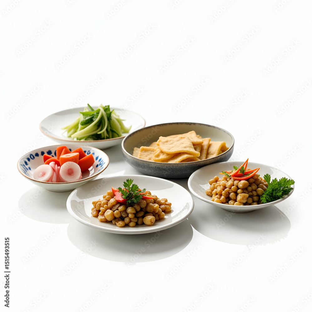 Side dish selection of Korean banchan lined up on white background featuring seasoned vegetables pickled radish and savory pancakes arranged to illustrate variety in Korean table settings for culinary Side dish selection of Korean banchan lined up on white background featuring seasoned vegetables pickled radish and savory pancakes arranged to illustrate variety in Korean table settings for culinary