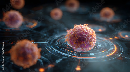 Advanced biotechnology concept with cells on a futuristic data analysis platform, illustrating medical and scientific innovation.