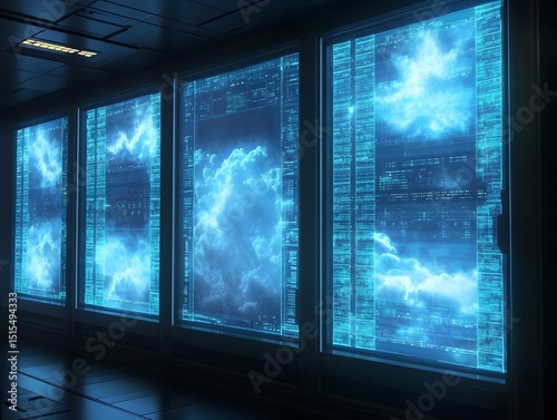 Cybernetic windows to the future  Glimpses of data clouds cascade across luminous  futuristic windows  offering a peek into a high-tech server environment.