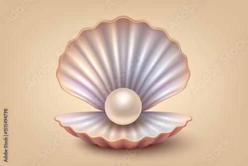 Vector 3d Realistic Pearl in Shell. Pearl Vector with Shiny Pearl on Pink Seashell. Luxury Marine Illustration for Jewelry Design, Spa Branding, Cosmetic Packaging, Sea Poster. Vector Illustration