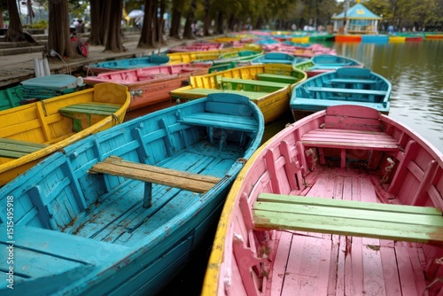 Wallpaper Mural Colorful rowboats moored at a lakeside, awaiting passengers; park setting visible in background Torontodigital.ca