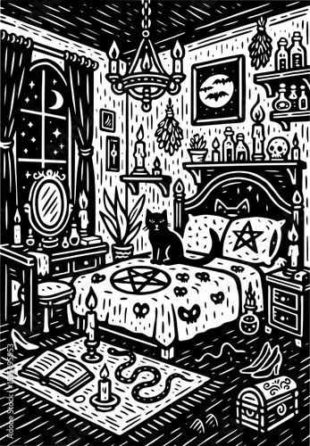 Witch bedroom in black and white style with candles, cat, potions, herbs and mystical symbols. Cozy gothic room vector illustration.