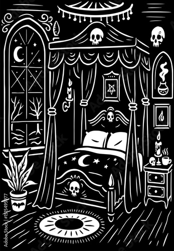 Witch's gothic bedroom with canopy bed, skulls, candles, stars and moon. Mystical black and white interior with occult decor.