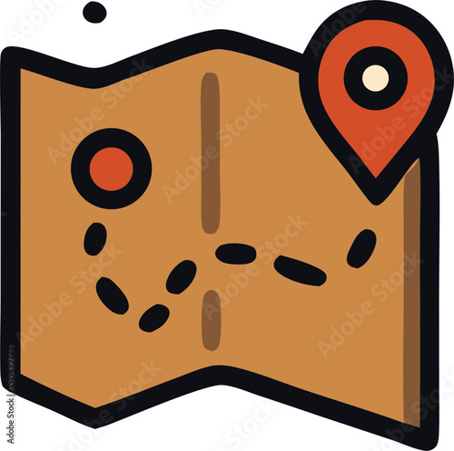Simple Line Art Folded Paper Map with Location Pin Icon Graphic