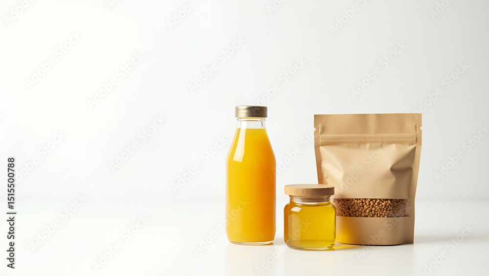 Minimalist Organic Product Arrangement: Cold Pressed Juice, Flaxseed Oil, and Organic Grains on White Backdrop - Perfect for Stock Photos with Soft Reflections and Empty Space for Text