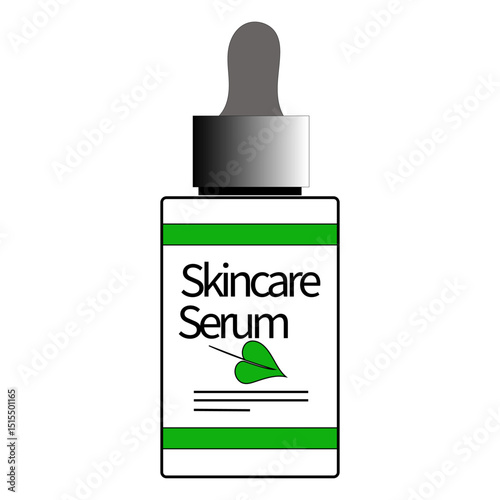 Skincare serum bottle. Green label vector. Dropper top design. Leaf icon detail.