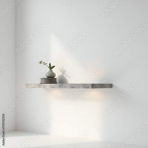Studio photograph of a floating marble shelf affixed to a minimal white wall styled with curated decor objects and indirect LED backlighting in  Photo Stock  Concept  and empty space on the left side