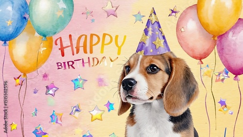 Dalmatian Dog Celebrating a Birthday with Balloons and Party Hat