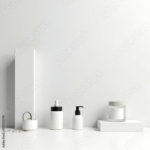 Professional ecommerce scene image displaying modern products arranged on pure white platform under balanced lighting and soft shadows ensuring uniform visual aesthetic coherent brand identity optimiz