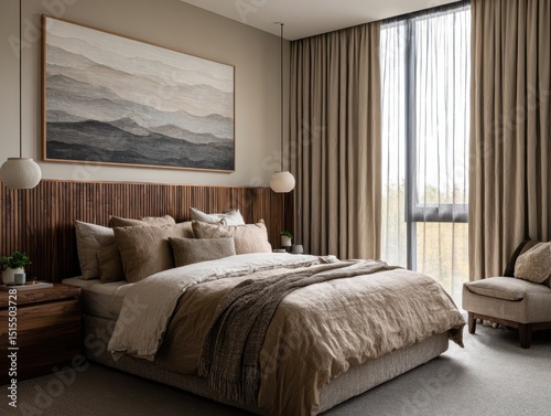 A large bed with a brown comforter and pillows. A framed painting of mountains is on the wall above the bed. A chair is in the corner of the room