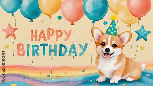 Dalmatian Dog Celebrating a Birthday with Balloons and Party Hat