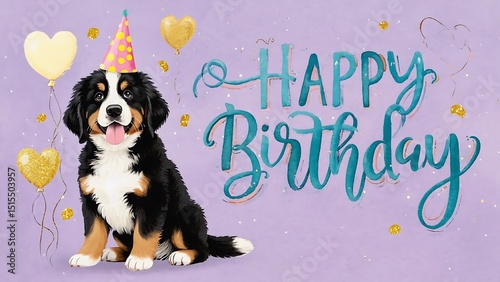 Dalmatian Dog Celebrating a Birthday with Balloons and Party Hat