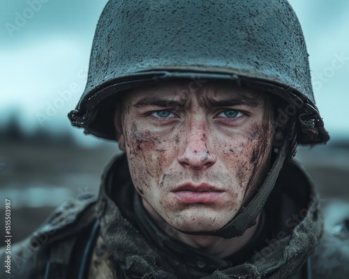 A soldier standing in a war zone, looking weary and disillusioned, War, Emotional and heavy