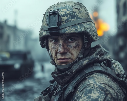 A soldier standing in a war zone, looking weary and disillusioned, War, Emotional and heavy