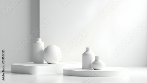 Sleek Clean Mockup Environment with Product Silhouettes on White Platform - Balanced Lighting   Soft Shadows for Sophisticated Marketing Visuals
