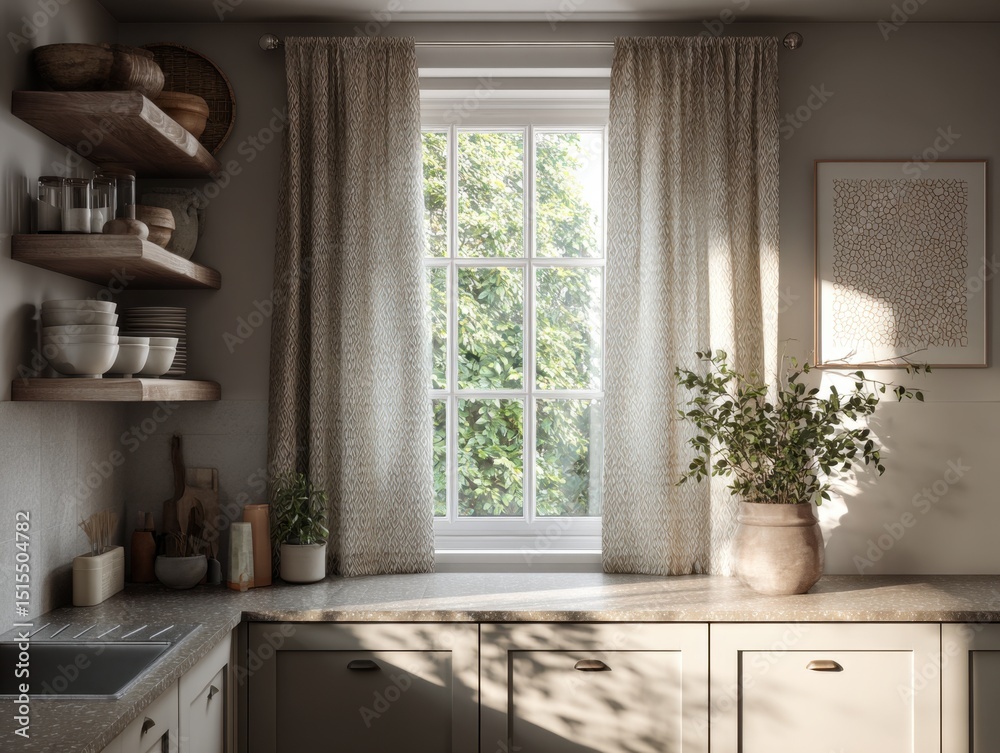 Fototapeta premium A kitchen with a window and a vase of flowers. The window is open and the curtains are drawn