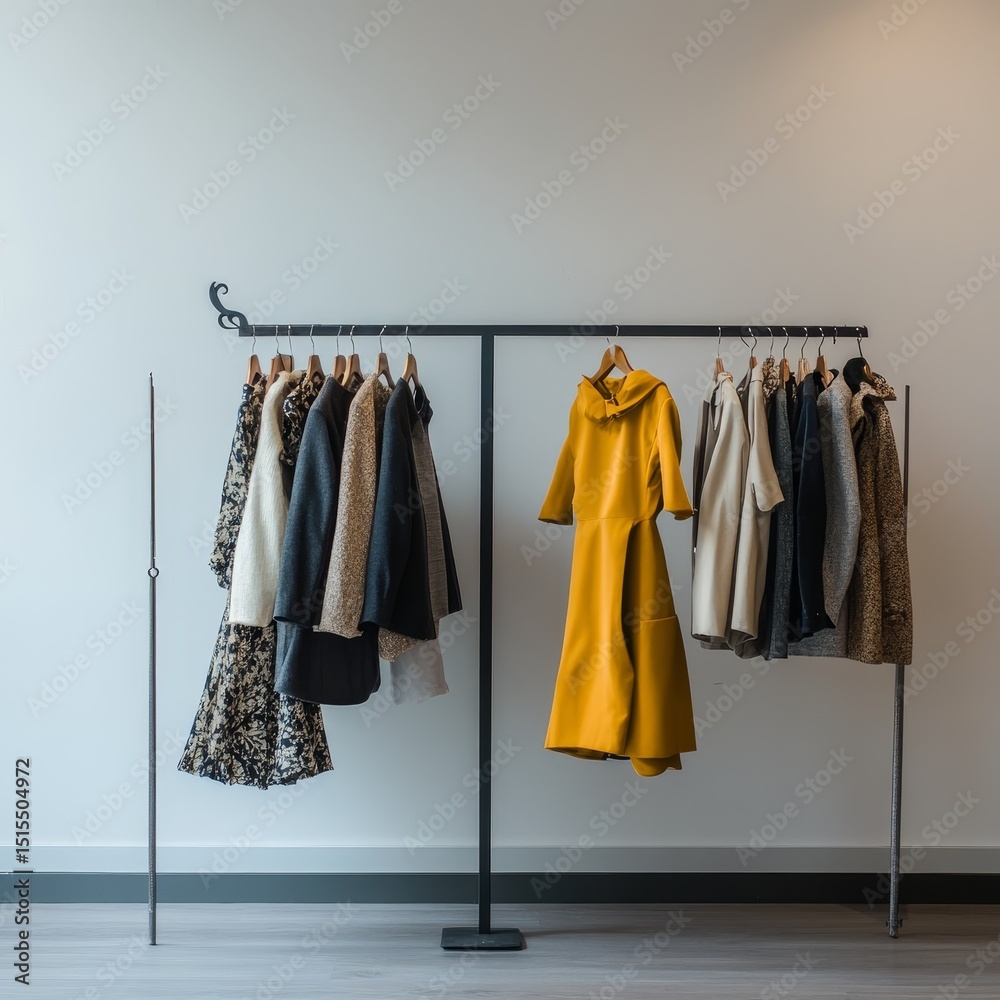 Diverse Stylish Clothing Rack in a Bright Modern Minimalist Interior Diverse Stylish Clothing Rack in a Bright Modern Minimalist Interior