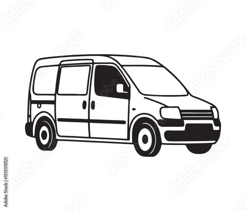 Cargo Transport Van Flat Design Silhouette, Black Van Vector Illustration, Front Side View, Silhouette Delivery Van Isolated Vector Art, Van Transport Vehicle Line Icon Design.