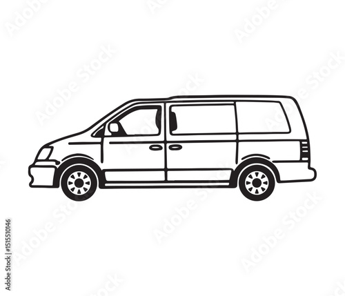 Cargo Transport Van Flat Design Silhouette, Black Van Vector Illustration, Front Side View, Silhouette Delivery Van Isolated Vector Art, Van Transport Vehicle Line Icon Design.