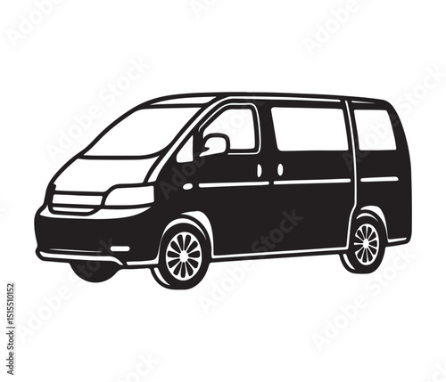 Cargo Transport Van Flat Design Silhouette, Black Van Vector Illustration, Front Side View, Silhouette Delivery Van Isolated Vector Art, Van Transport Vehicle Line Icon Design.
