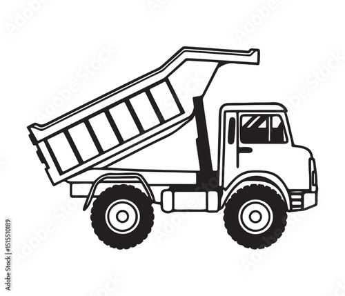 Side profile view of a dump truck in a simple black and white outline, Simple Black and White Outline of a Dump Truck, Minimalist Dump Truck Logo.