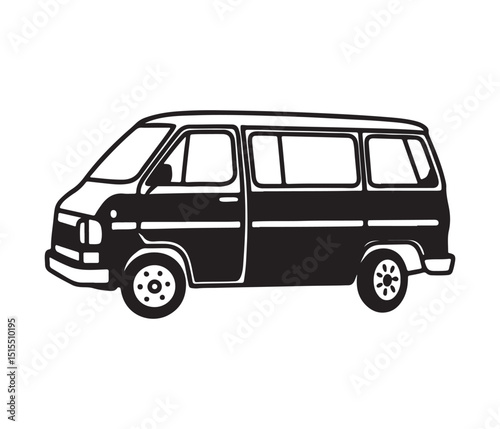 Cargo Transport Van Flat Design Silhouette, Black Van Vector Illustration, Front Side View, Silhouette Delivery Van Isolated Vector Art, Van Transport Vehicle Line Icon Design.