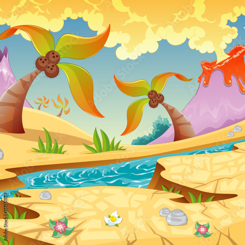 Vibrant Cartoon Oasis Landscape with Palm Trees, River, and Distant Volcano - Fantasy Desert Scene