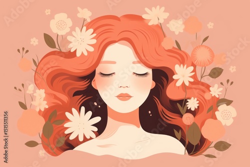 Beautiful girl with closed eyes, flowers in hair, fashion illustration, isolated background, watercolor painting.
