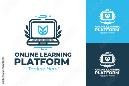 Minimalist Online Education Logo with Laptop and Leaf Design in Blue and White
