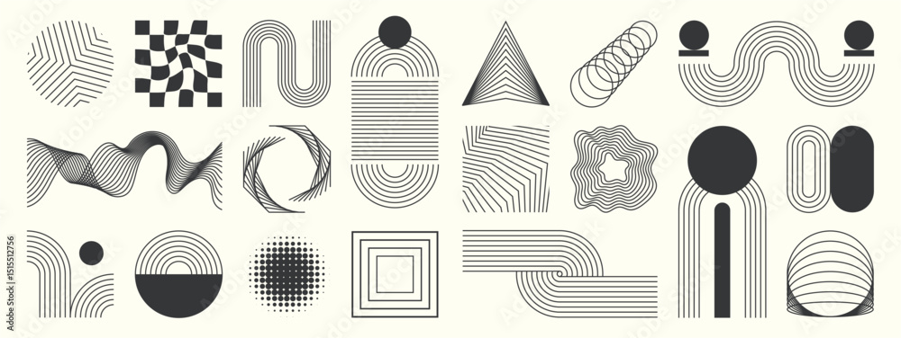 Abstract minimal element mid century vector set. Aesthetic contemporary stripe line art, geometric shape in monochrome. Art form design for wall art, decoration, wallpaper.