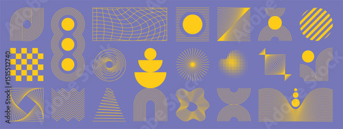 Abstract minimal element mid century vector set. Aesthetic contemporary stripe line art, geometric shape in yellow and purple. Art form design for wall art, decoration, wallpaper.