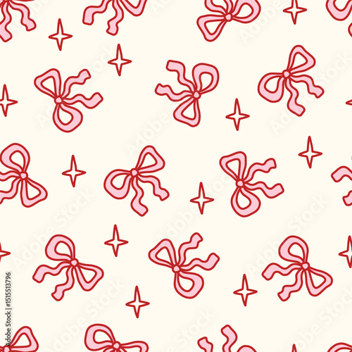 Seamless coquette pattern with hand-drawn red bows on soft cream background. Feminine, romantic and playful aesthetic. Perfect for textiles, wallpaper, packaging and girly decor. Vector illustration