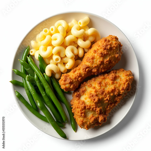 Comfort Food Flatlay: Creamy Mac and Cheese, Fried Chicken, and Green Beans on White Background - Cozy Family Meal Mood with Empty Space
