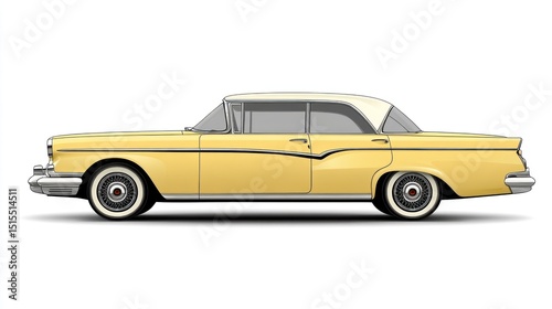 Classic yellow vintage car, side profile, isolated on white background.
